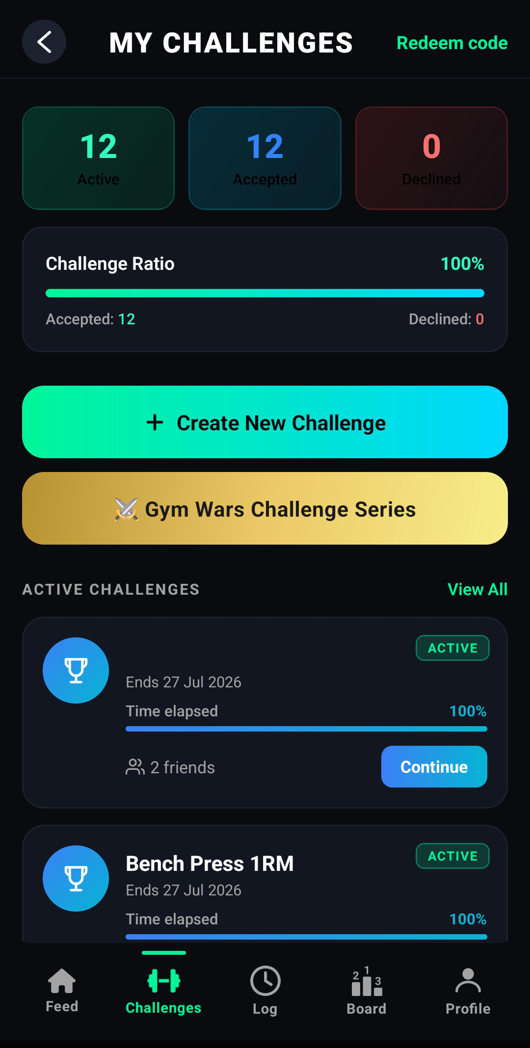 Gym Wars My Challenges screen