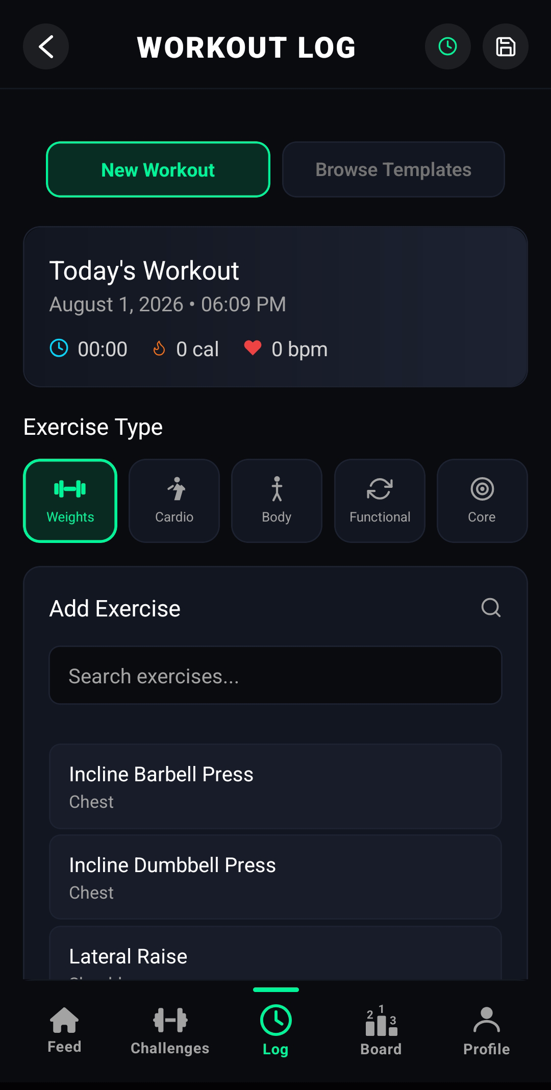 Gym Wars workout log screen